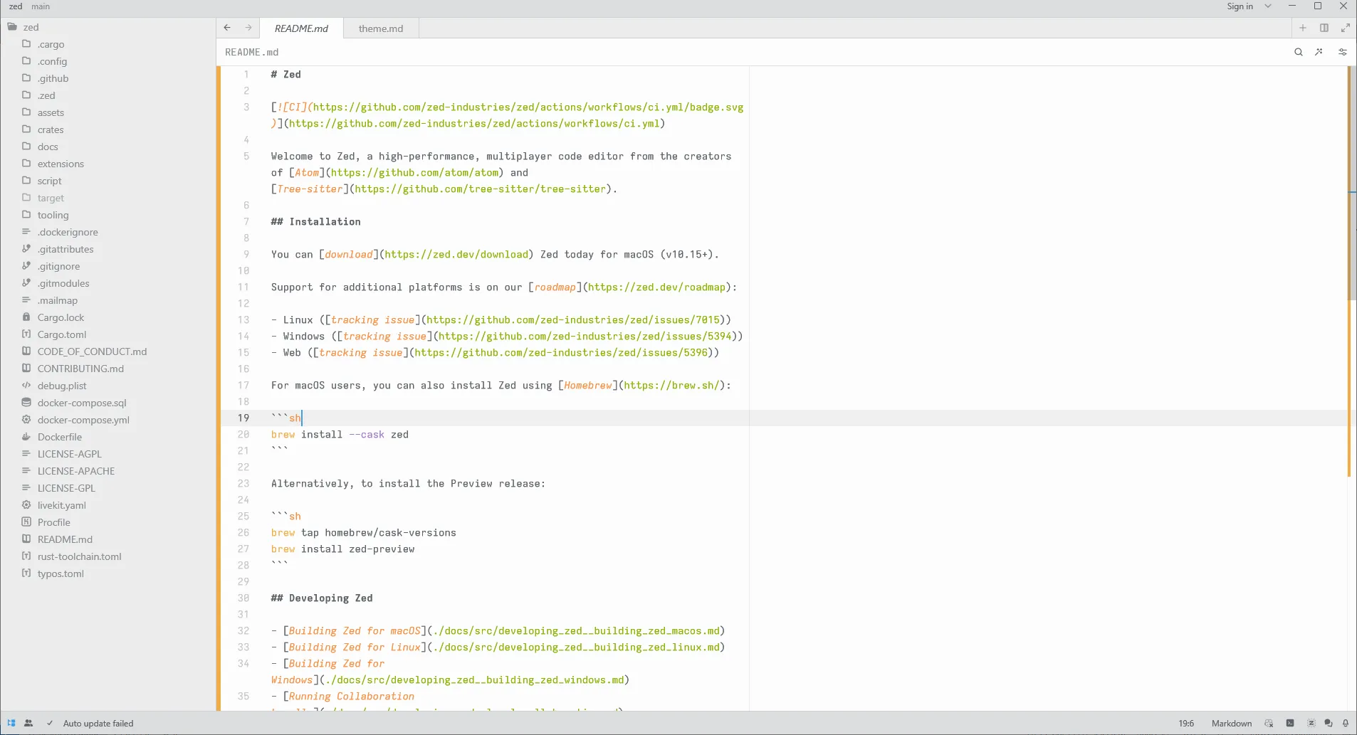 A screenshot of zed code editor on windows